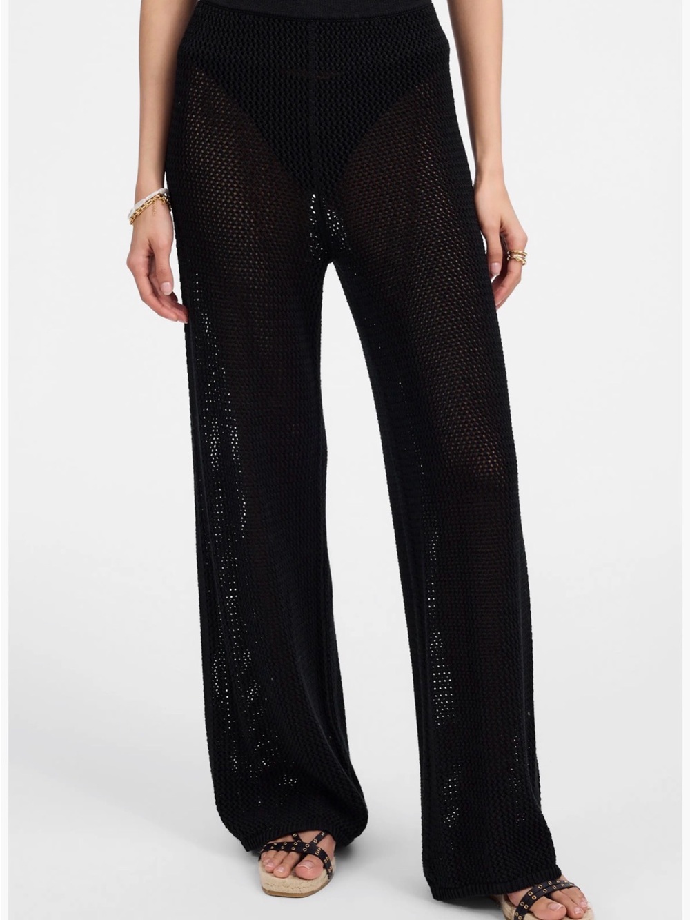 Sheer Knit Wide-Leg Pants - Black